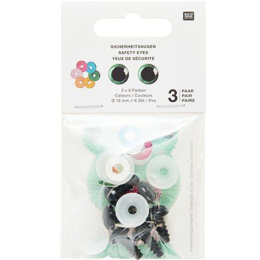 Kunststoff Sicherheitsaugen 12mm, versch. Farben, 6 Stück - Produktbild