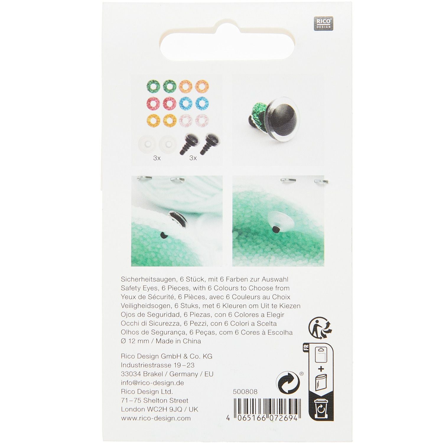 Kunststoff Sicherheitsaugen 12mm, versch. Farben, 6 Stück - Produktbild