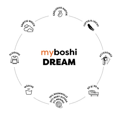 myboshi Dream, 50g, 76% Baumwolle, 22% Baby-Alpaka, 2% Merino Produktbild