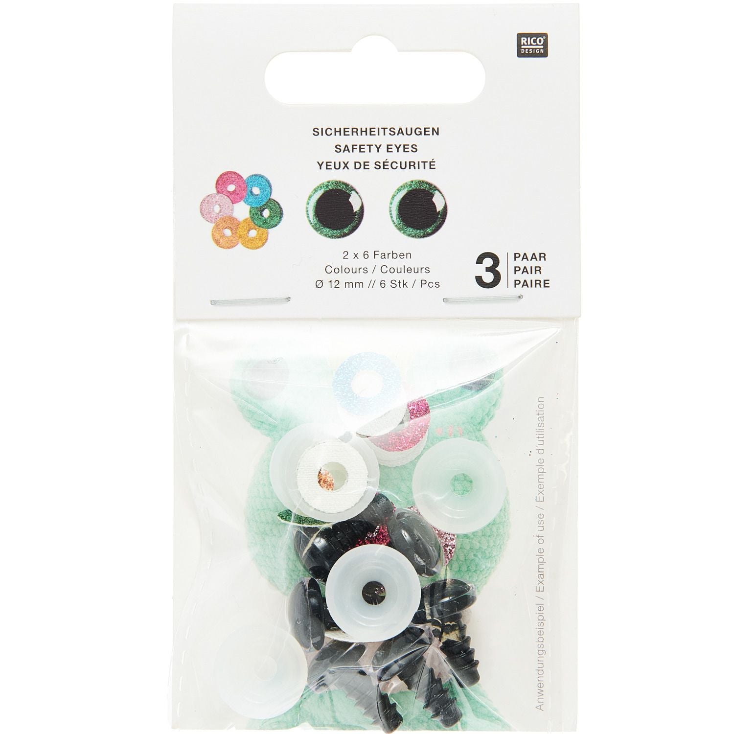 Kunststoff Sicherheitsaugen 12mm, versch. Farben, 6 Stück Produktbild